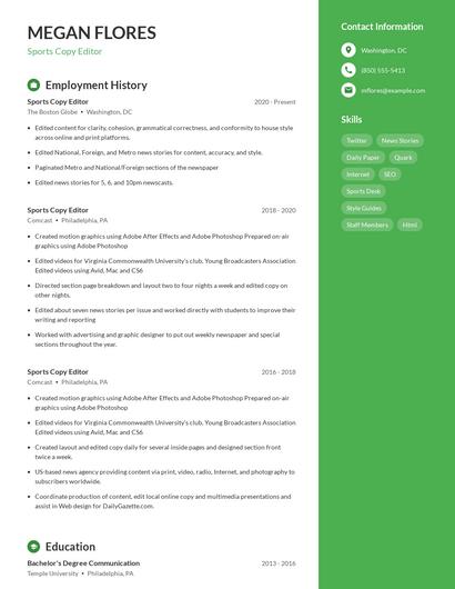 Sports Copy Editor Resume