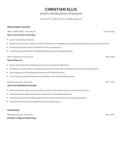 Sports Information Internship Resume