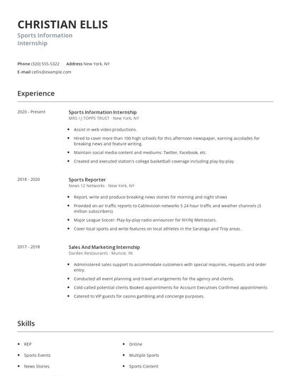 Sports Information Internship Resume