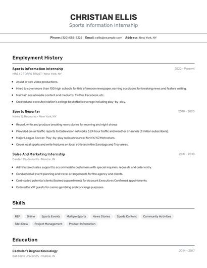 Sports Information Internship Resume