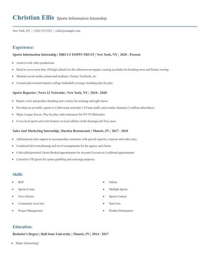 Sports Information Internship Resume