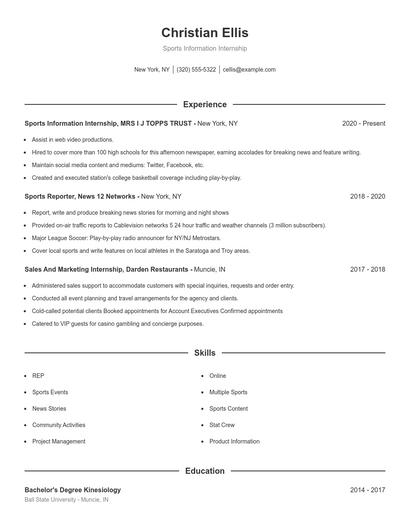 Sports Information Internship Resume