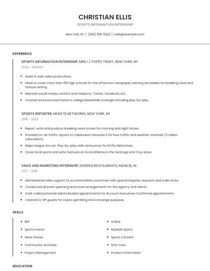 Sports Information Internship Resume