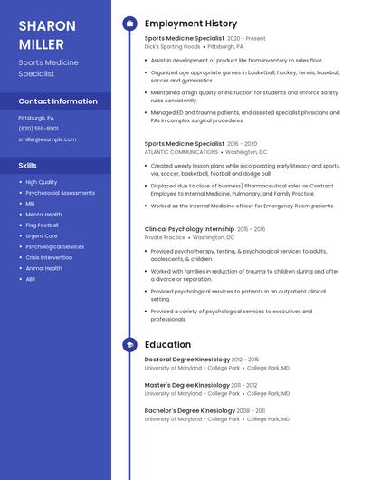 Sports Medicine Specialist Resume