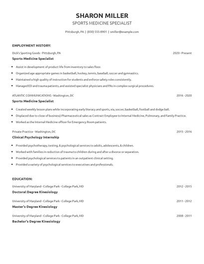 Sports Medicine Specialist Resume