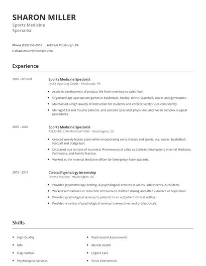 Sports Medicine Specialist Resume