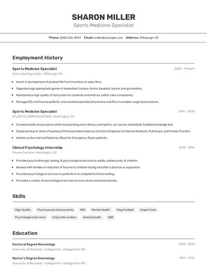 Sports Medicine Specialist Resume