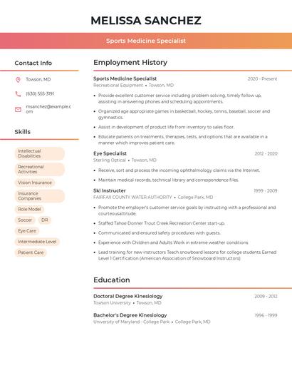 Sports Medicine Specialist Resume