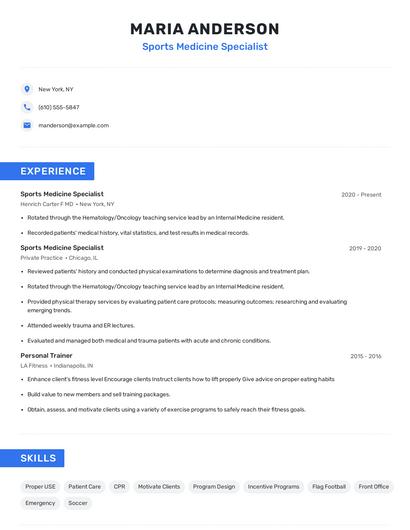 Sports Medicine Specialist Resume