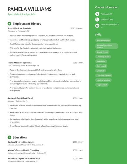 Sports Medicine Specialist Resume
