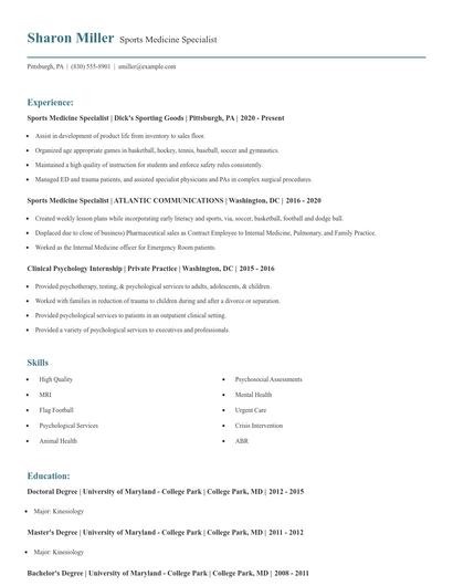 Sports Medicine Specialist Resume