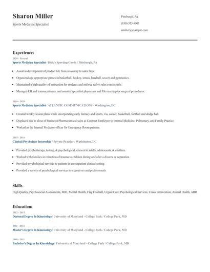 Sports Medicine Specialist Resume