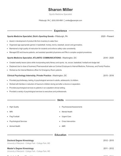 Sports Medicine Specialist Resume