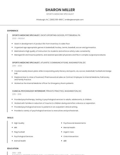 Sports Medicine Specialist Resume