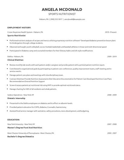 Sports Nutritionist Resume