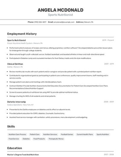 Sports Nutritionist Resume