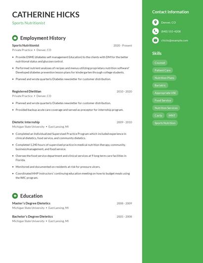 Sports Nutritionist Resume