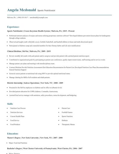 Sports Nutritionist Resume