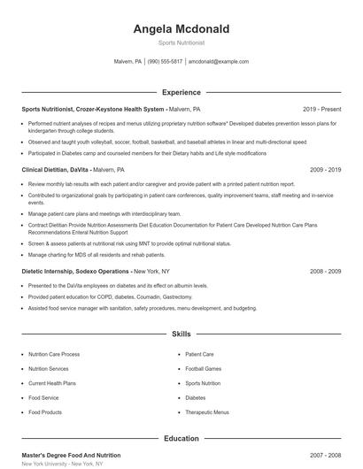 Sports Nutritionist Resume