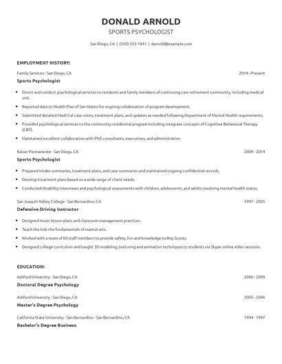 Sports Psychologist Resume