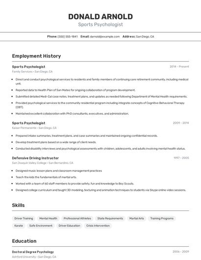 Sports Psychologist Resume