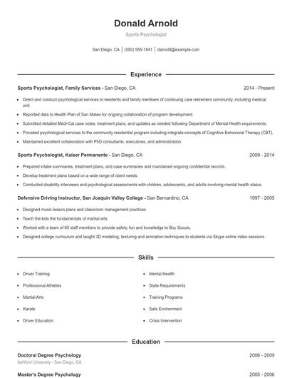 Sports Psychologist Resume