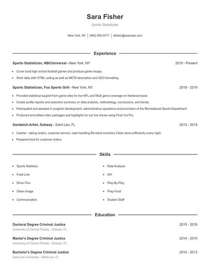 Sports Statistician Resume