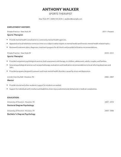 Sports Therapist Resume