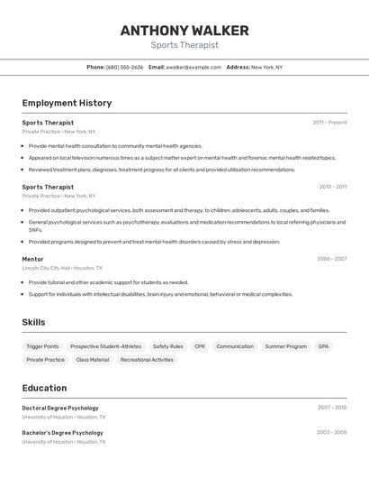 Sports Therapist Resume