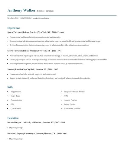Sports Therapist Resume