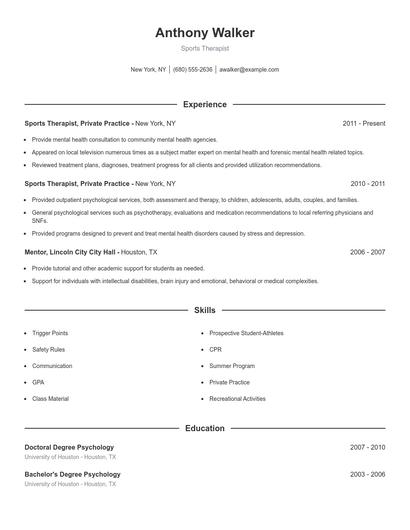 Sports Therapist Resume