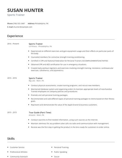 Sports Trainer Resume
