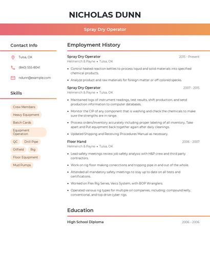 Spray Dry Operator Resume