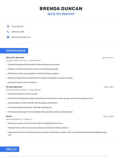 Spray Dry Operator Resume