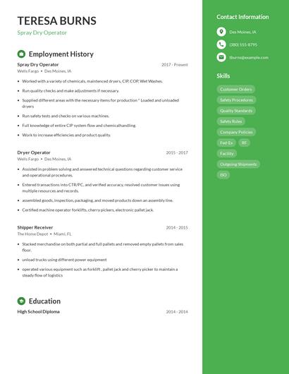 Spray Dry Operator Resume