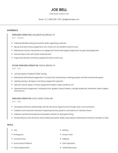 Spreader Operator Resume