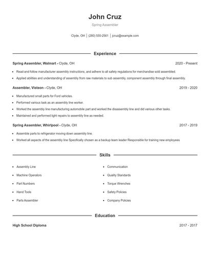 Spring Assembler Resume