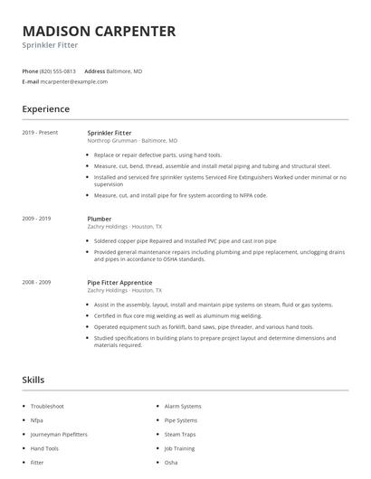 Sprinkler Fitter Resume