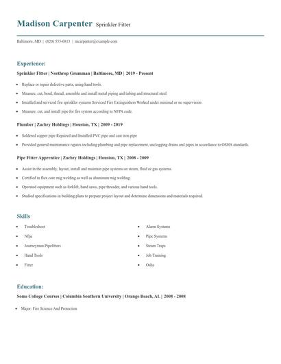 Sprinkler Fitter Resume