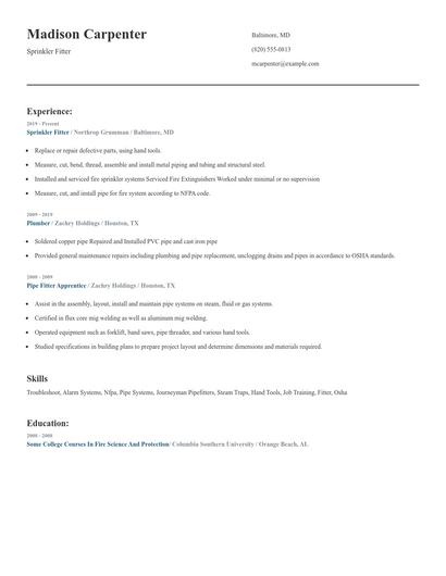 Sprinkler Fitter Resume