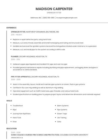 Sprinkler Fitter Resume