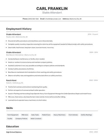 Stable Attendant Resume
