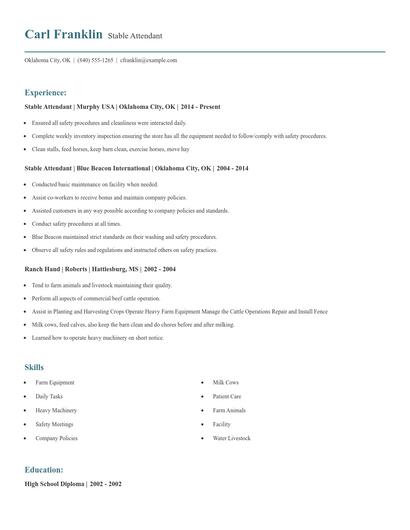Stable Attendant Resume
