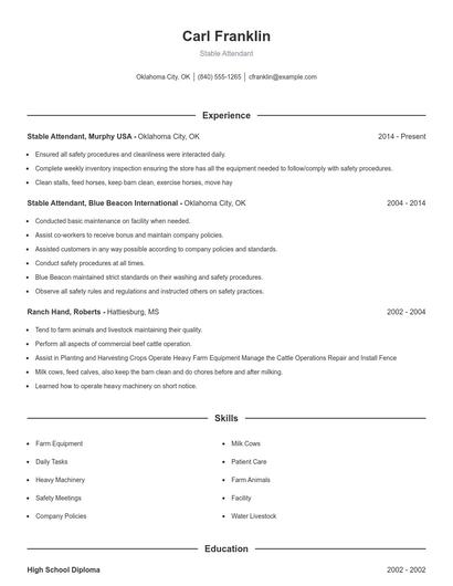 Stable Attendant Resume