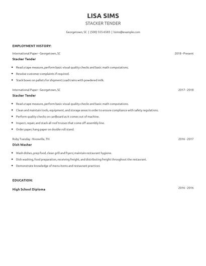 Stacker Tender Resume