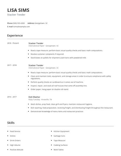 Stacker Tender Resume