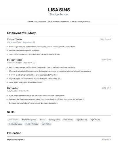 Stacker Tender Resume
