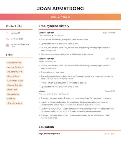 Stacker Tender Resume