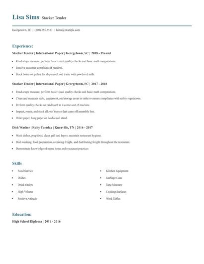 Stacker Tender Resume