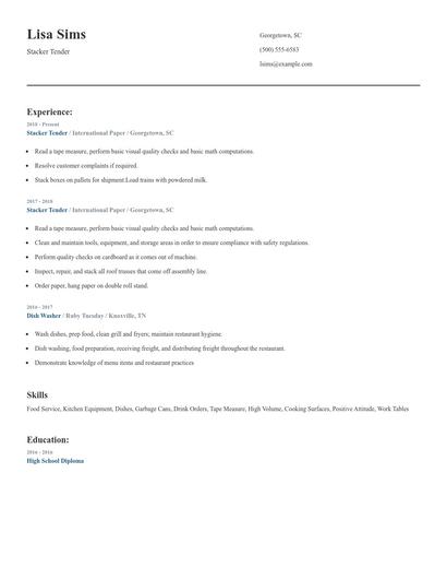 Stacker Tender Resume